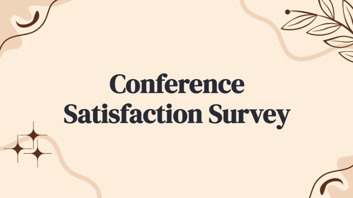Conference Satisfaction Survey Template with beige theme, leaf art, sparkles, and bold title.