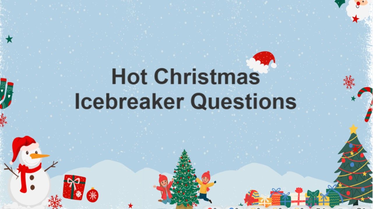 Hot Christmas Icebreaker Questions slide with blue snowy background, festive icons, and cheerful ...