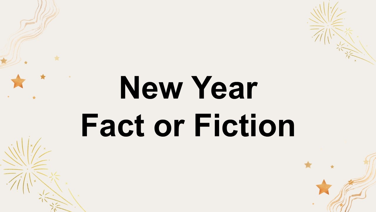 New Year Fact or Fiction template with cream background, gold stars, fireworks icons, clean text ...
