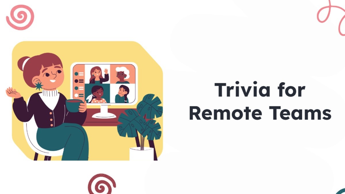Trivia for Remote Teams with video meeting, coffee, plant, and home office illustration.