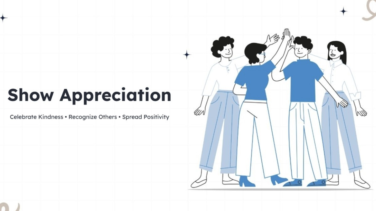 Show Appreciation with teammates high-fiving, blue theme, grid background, and star accents.