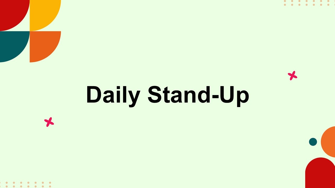 Daily Stand-Up overview template with simple text holder, pastel green canvas, playful geometric ...
