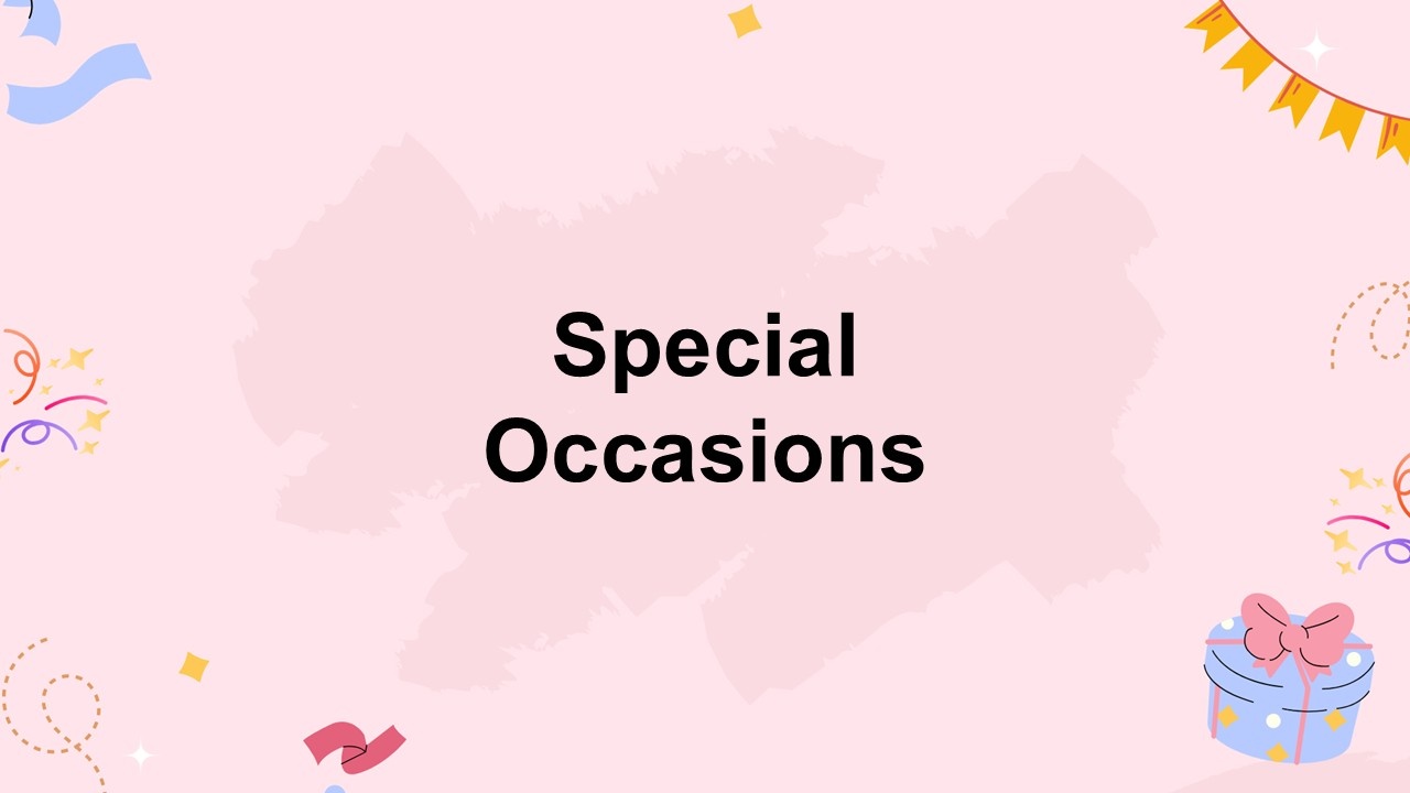 Special occasions template with soft pink background colorful confetti gift icons and centered ti...