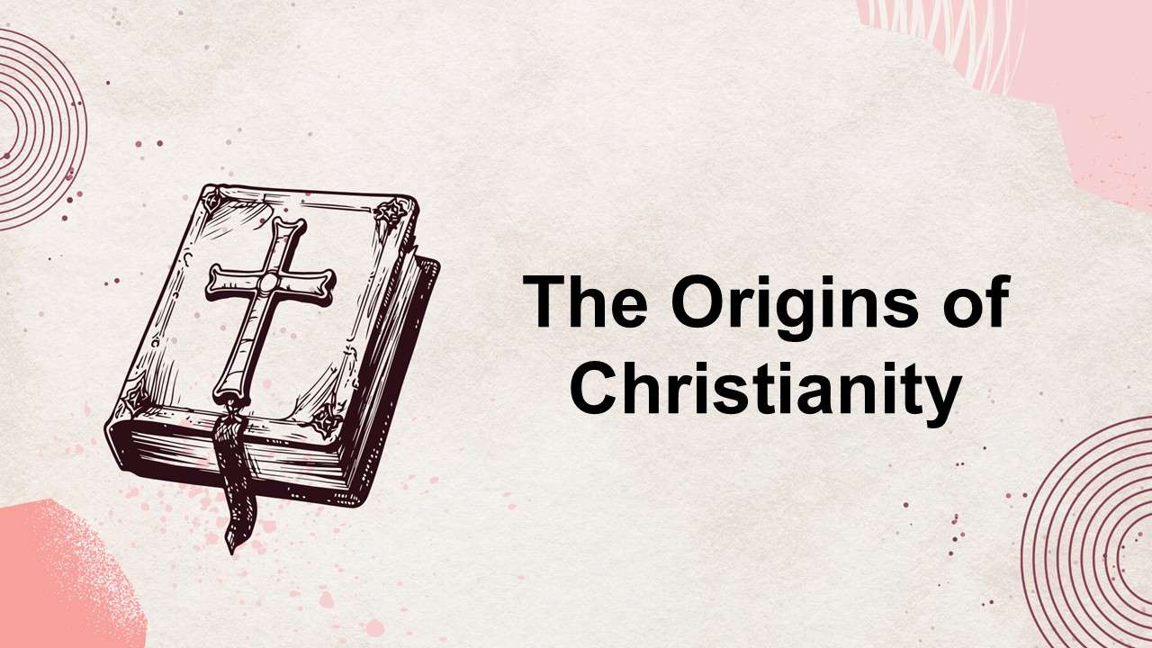 The origins of christianity slide with illustrated Bible and cross, soft beige background, subtle...
