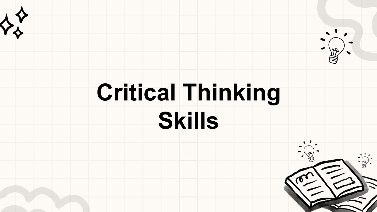 Critical thinking skills concept template featuring neat layout, idea symbols, soft background, l...