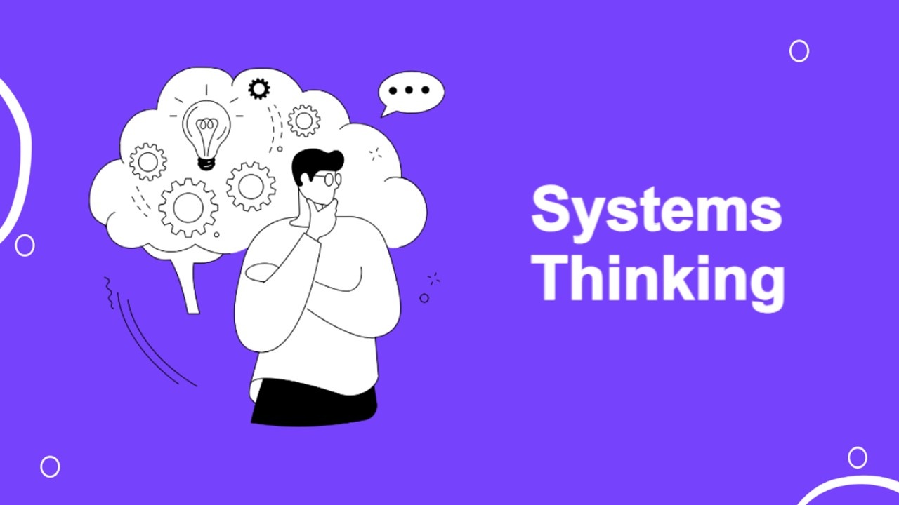 Systems thinking template with purple background, thoughtful person, gear icons, light bulb, show...