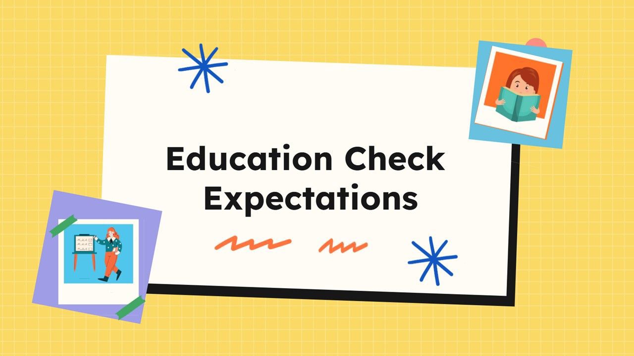 Education Check Expectations cover with yellow theme, white card, and colorful frame graphics.