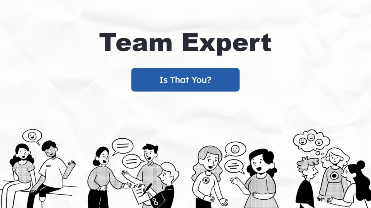 Team Expert: Is That You? with team illustrations, blue button, and clean white layout.