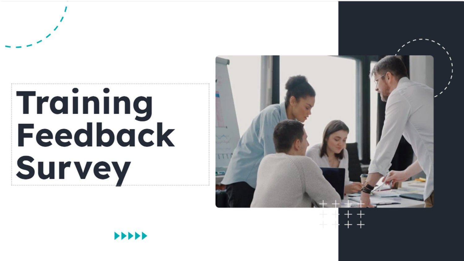 Training Feedback Survey cover slide with team meeting photo, bold title, geometric accents.