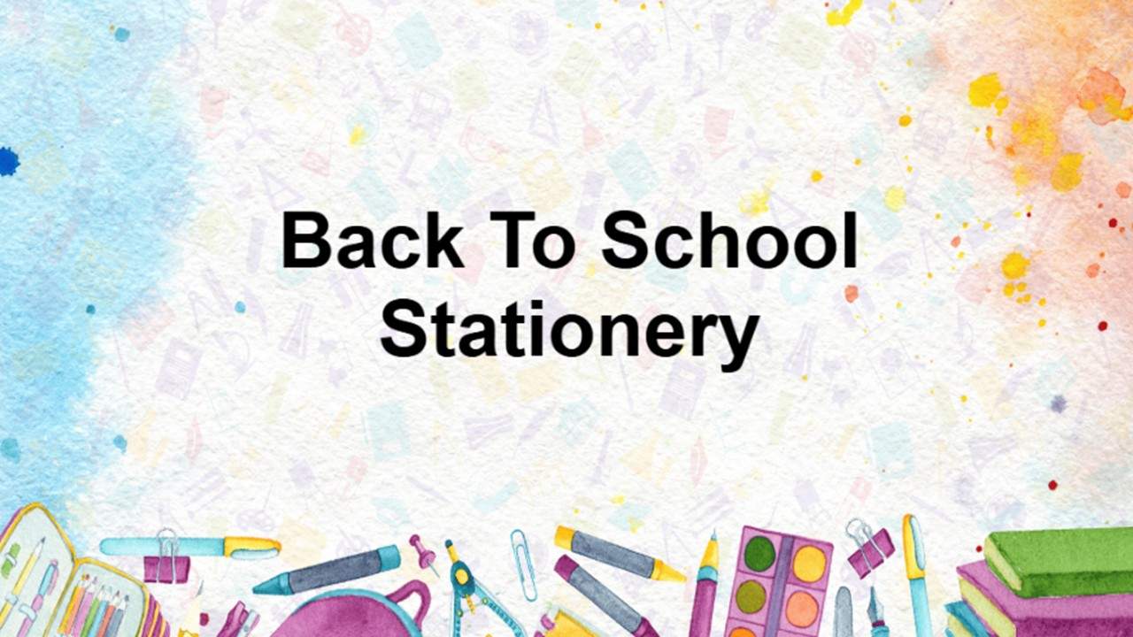 Back to school stationery slide with watercolor background, bold title, colorful school supplies,...