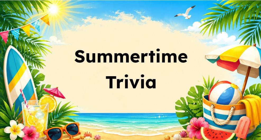 Summertime Trivia slide with sunny beach, palm trees and colorful summer accessories