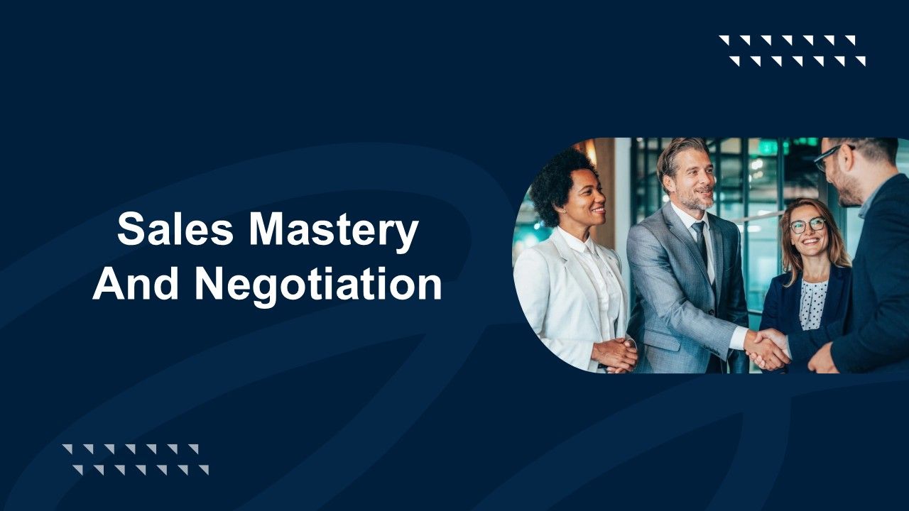 Sales mastery and negotiation template with dark blue background, white title text, circular phot...