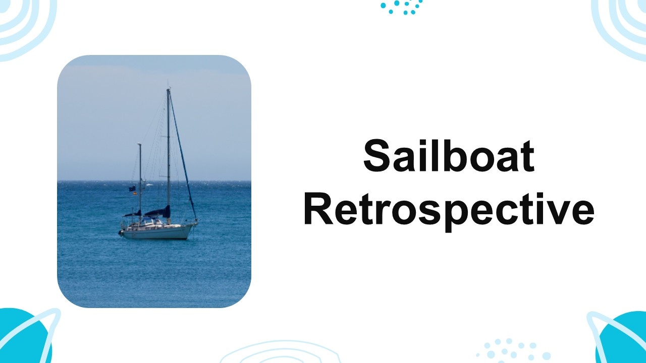 Sailboat retrospective template with ocean-blue sailboat photo, white background, soft blue shape...