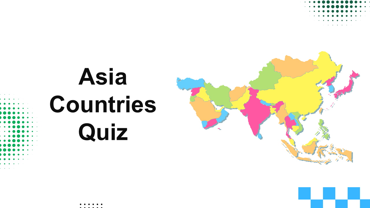Asia countries quiz template showing a colorful Asia map, country borders in bright colors, and b...