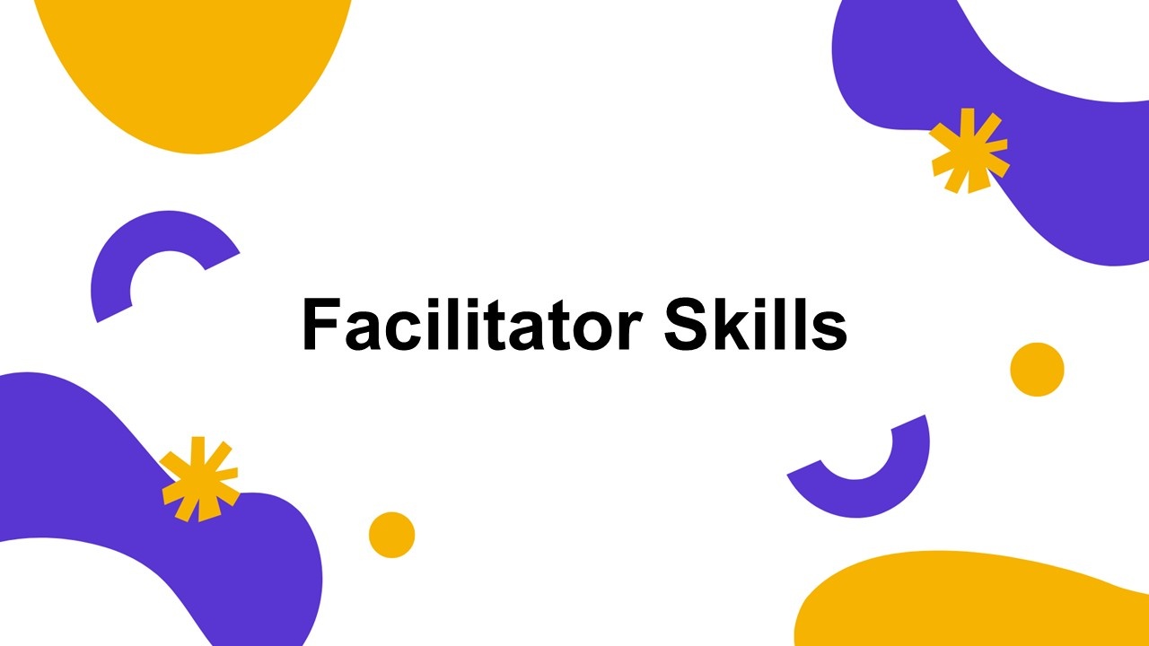 Facilitator skills template showing bold headline, minimal layout, bright yellow dots and purple ...
