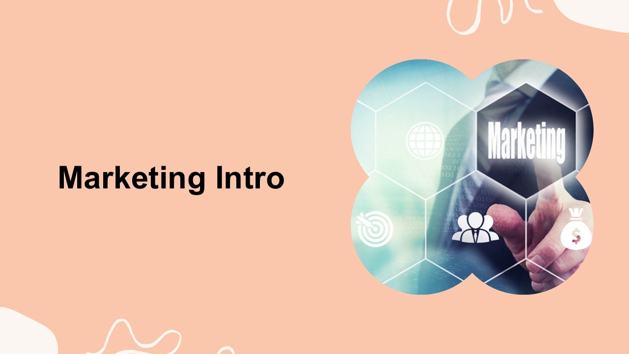 Marketing Intro cover showing black text, soft peach background, hexagon image, business and mark...