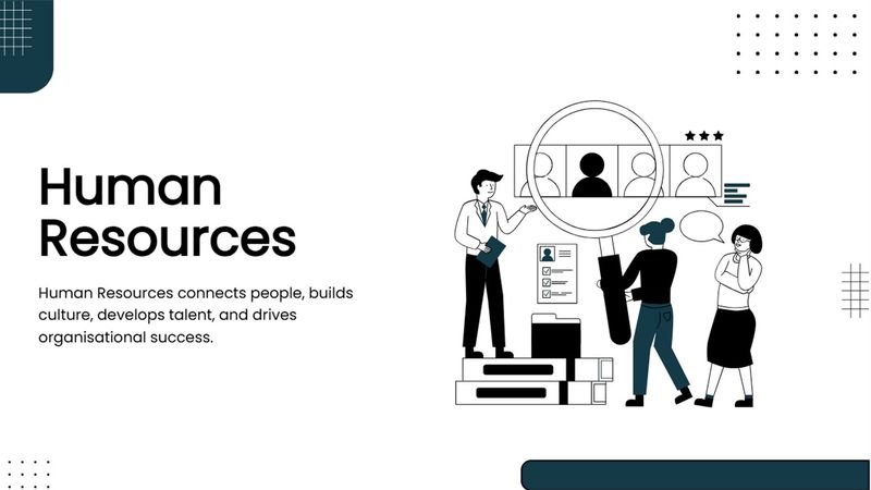 Human resource presentation with HR professionals, recruitment icons, employee profiles, and modern.