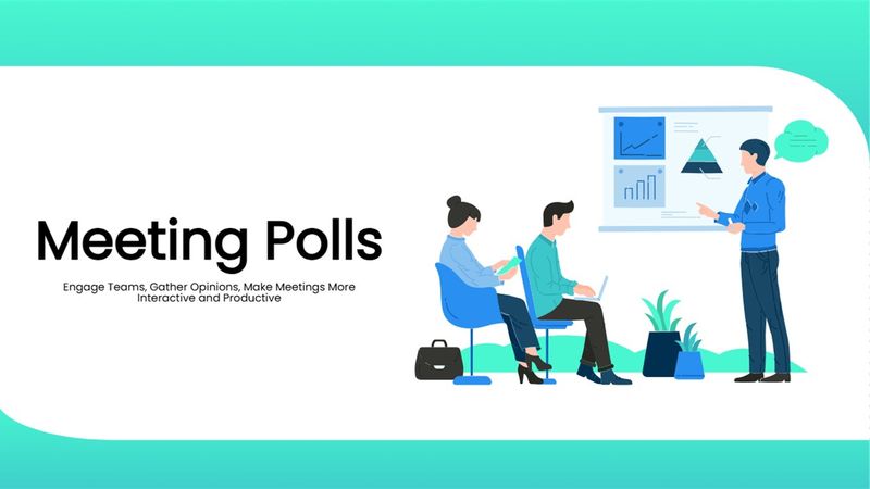 Meeting polls template with team discussion, presentation screen, workplace illustration.