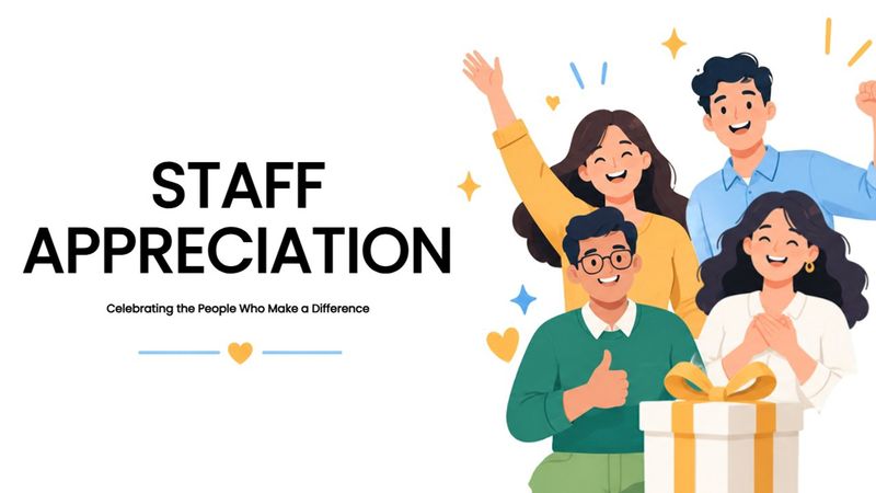 Staff appreciation presentation with diverse team illustrations, gifts, hearts, and celebratory.