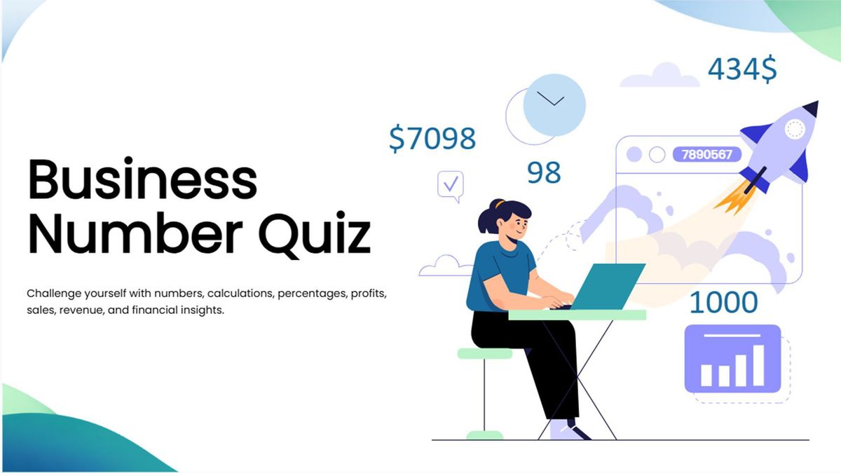 Business number quiz with a calculator, bar chart, coins, percentage symbol, globe, and documents.