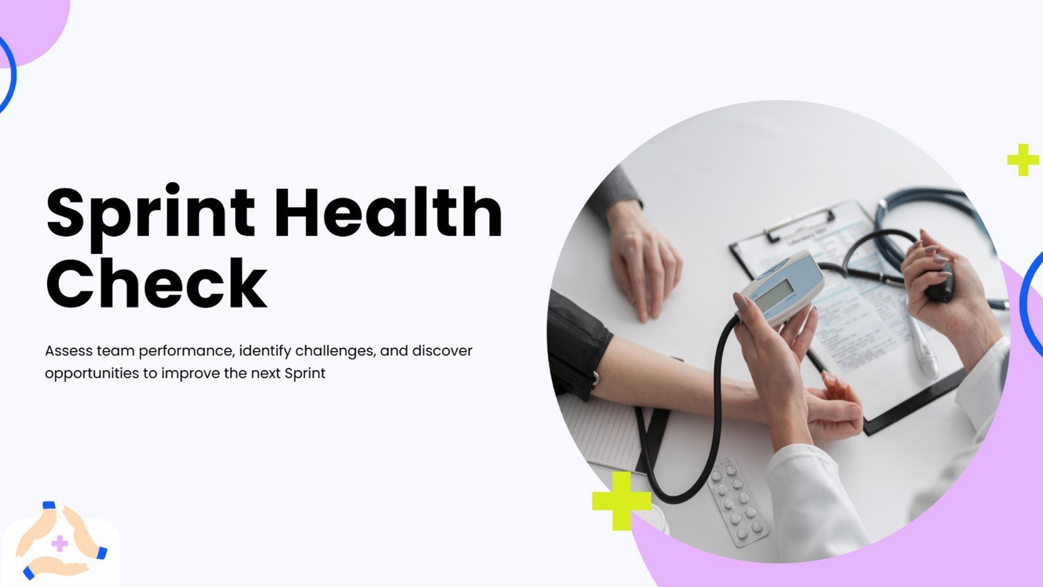 Sprint Health Check with blood pressure testing, medical tools, and pastel geometric accents.