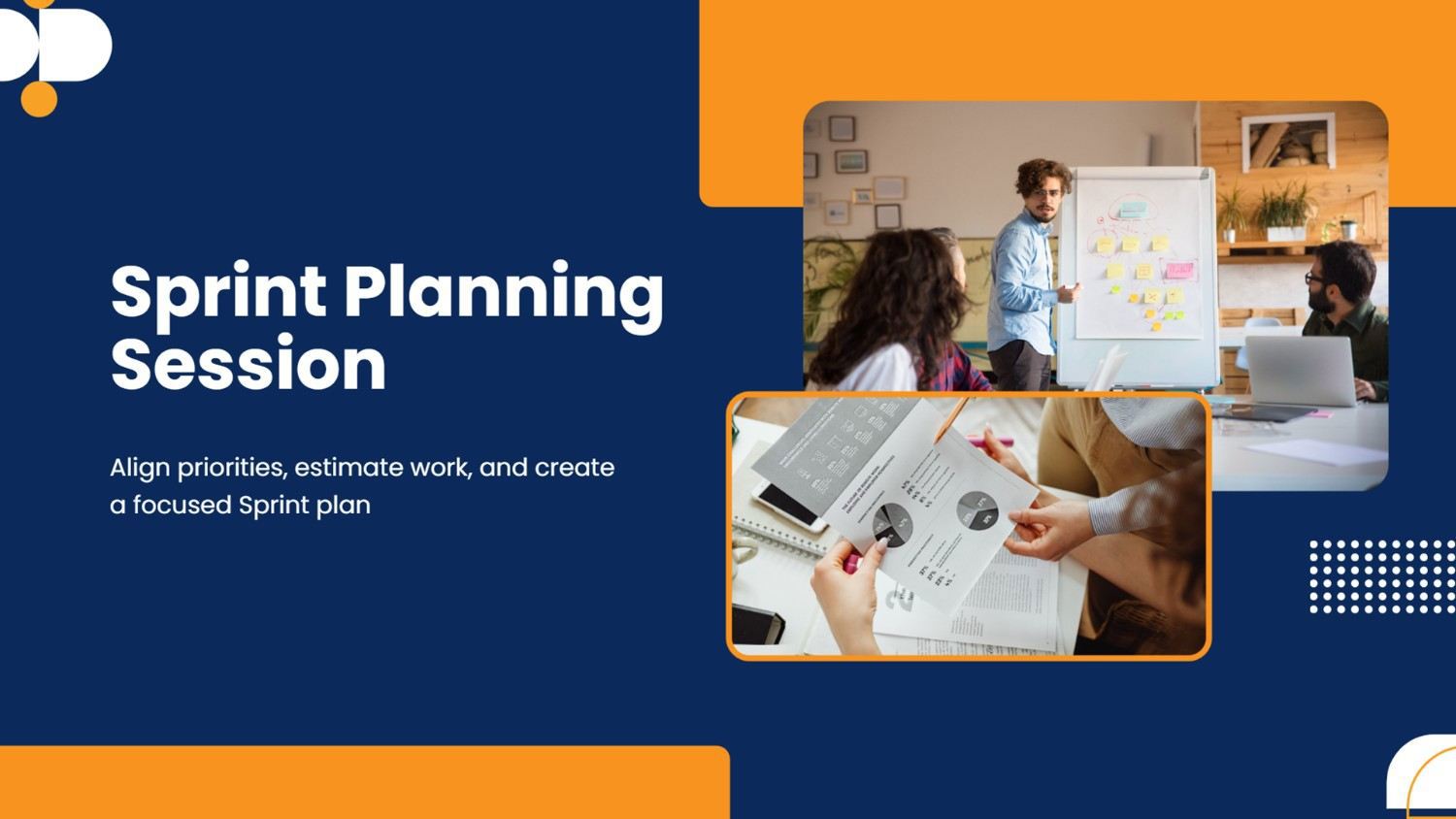 Sprint Planning Session with team collaboration, sticky notes, charts, and orange accents.