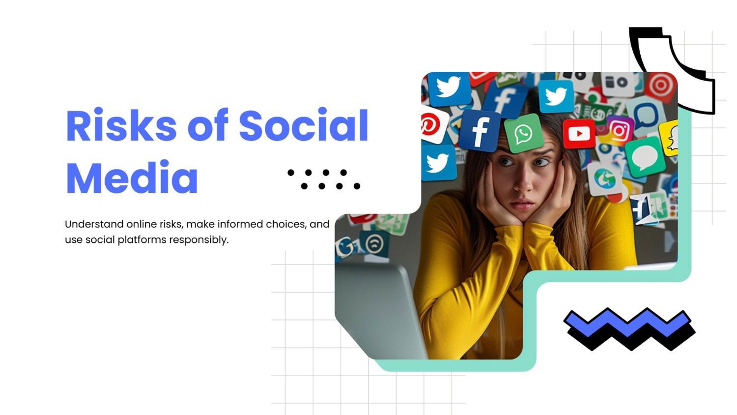 Risks of Social Media with a worried woman, social icons, laptop, and blue-mint design.
