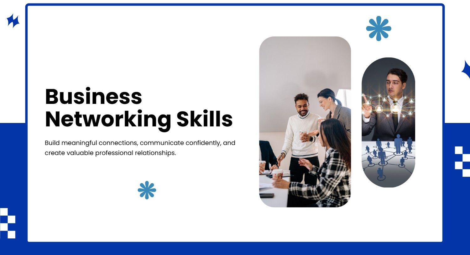 Business networking with professional photos, blue accents, rounded frames, and clean text layout.