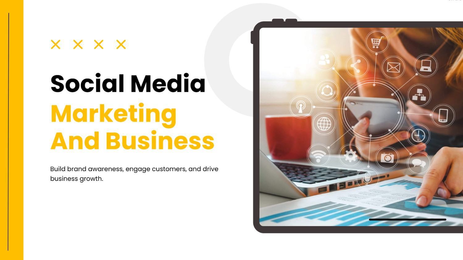 Social Media Marketing and Business with devices, social icons, charts, and yellow accents.