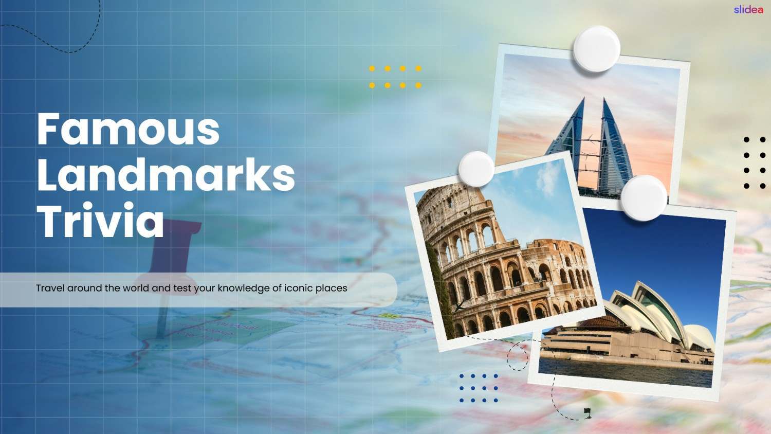 Famous Landmarks Trivia with iconic landmarks, map background, photo frames, and blue accents.