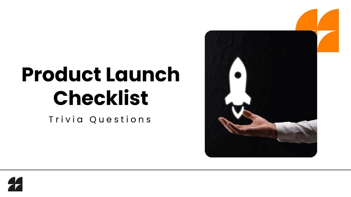 Product Launch Checklist quiz slide with rocket imagery and clean black, white, and orange accents.