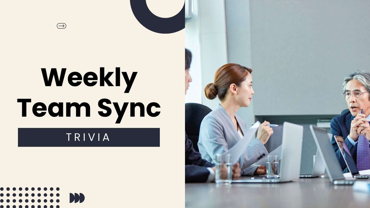 Weekly Team Sync slide with a team meeting photo and clean cream-and-navy design.