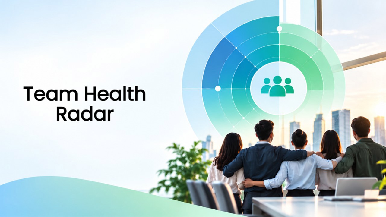 Team Health Radar quiz showing a diverse workplace team, circular radar graphic, and office setting.