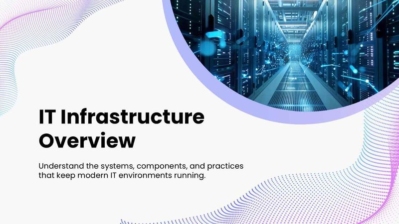 IT Infrastructure Overview with a data center photo, bold text, and blue-purple dotted waves.