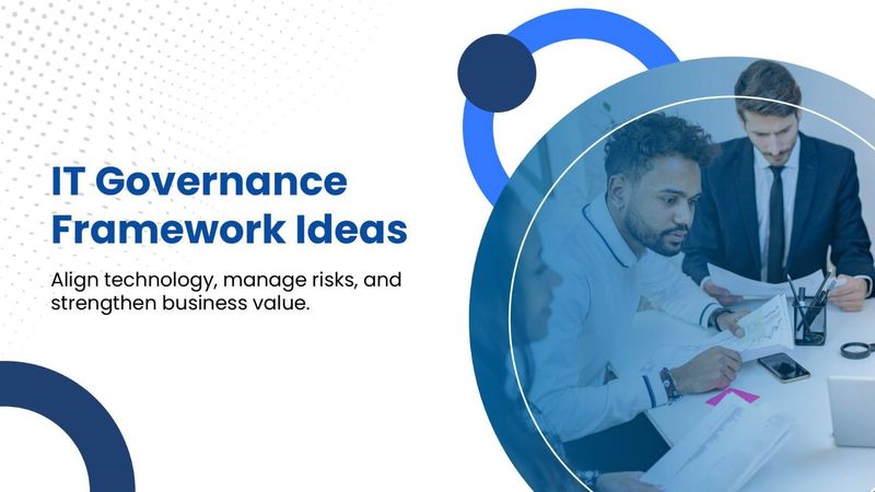 IT Governance Framework with professionals, data reports, blue circles, and dotted accents.