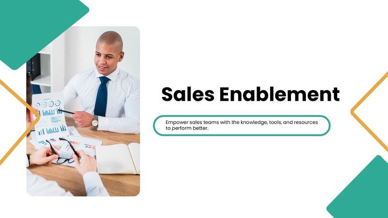 Sales Enablement slide featuring a sales professional reviewing business charts and reports.