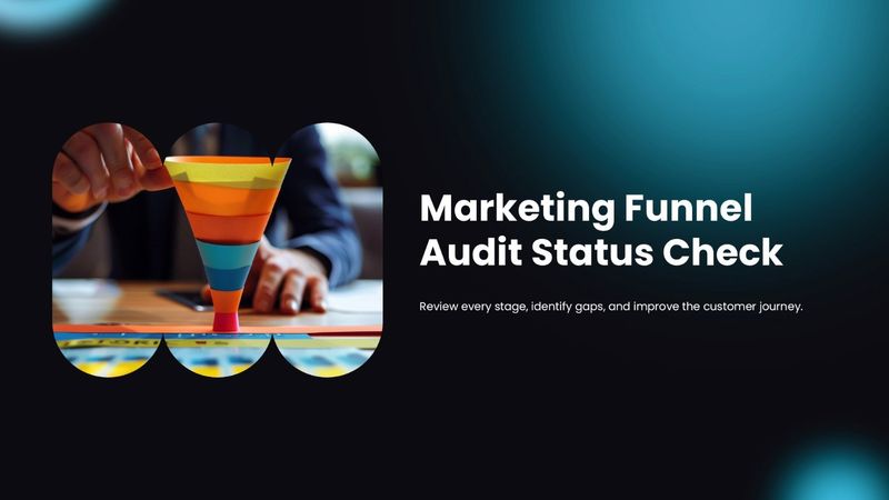 Marketing Funnel Audit with a colorful funnel, business hand, and cyan glow on a dark layout.