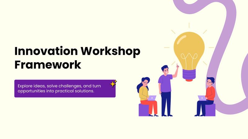 Innovation Workshop Framework featuring a light bulb, three people, laptops, and purple accents.