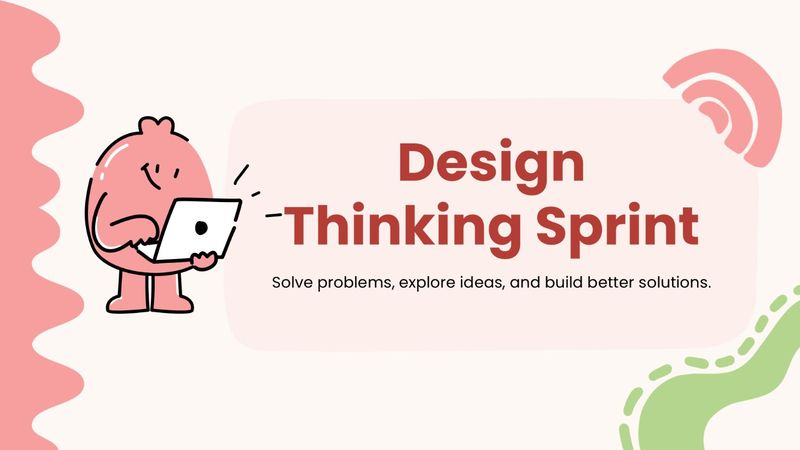 Design Thinking Sprint slide showing a cartoon character with a laptop on a soft peach background.