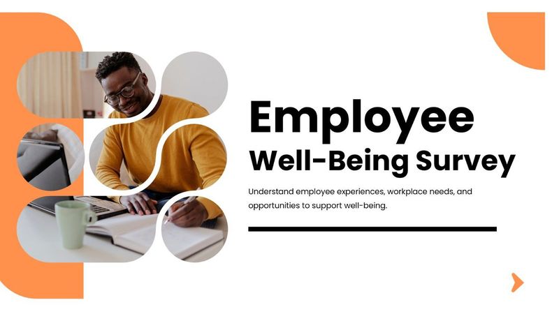 Employee Well-Being Survey with employee photos, orange accents, and a clean modern layout.