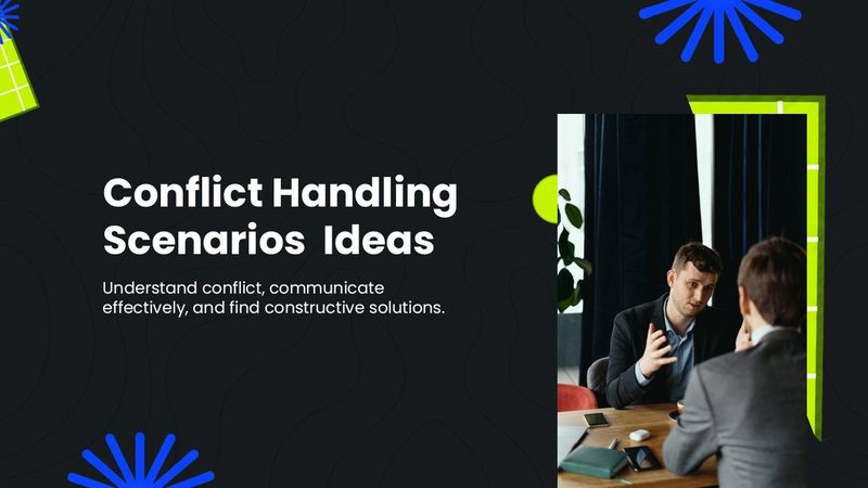 Conflict Handling Scenarios with bold white text, neon green accents, and a dark background