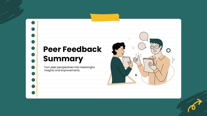 Peer Feedback Summary with teal tones, yellow accents, and a collaborative feedback illustration.