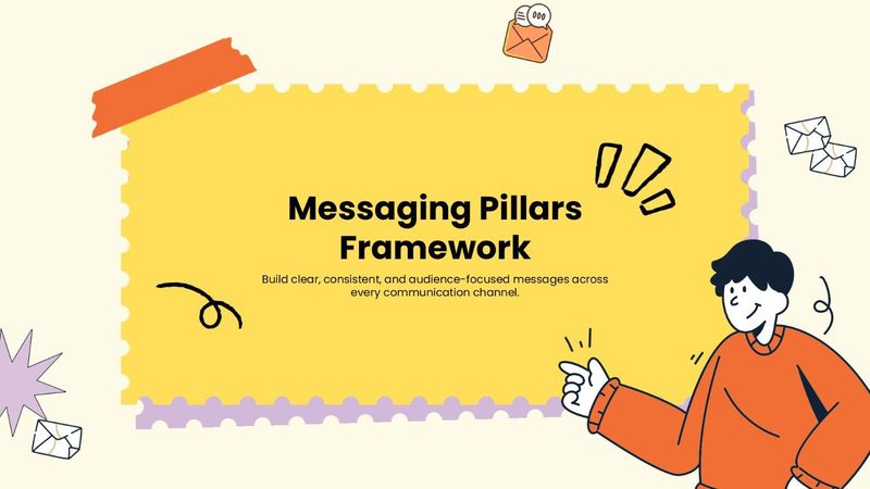 Messaging Pillars Framework with a yellow panel, email graphics, and a playful illustrated person.
