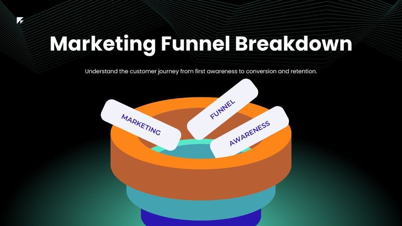 Marketing Funnel Breakdown with a colorful funnel, bold text, labels, and dark abstract design.