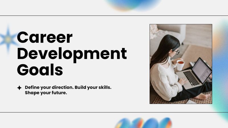 Career Development Goals with a laptop photo, bold text, and soft blue gradient accents.
