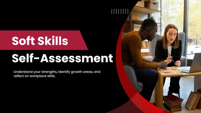 Soft Skills Self-Assessment with coworkers, bold text, search icon, and red geometric accents.