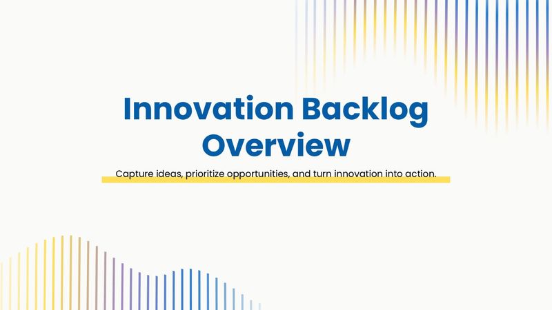 Innovation Backlog Overview with bold blue text, yellow accents, and colorful line patterns.