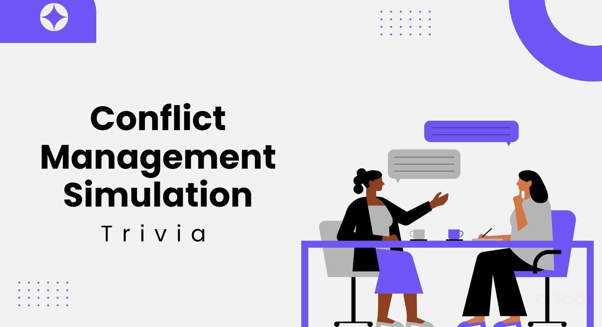 Conflict Management Simulation with workplace dialogue, bold text, purple shapes, and speech bubble