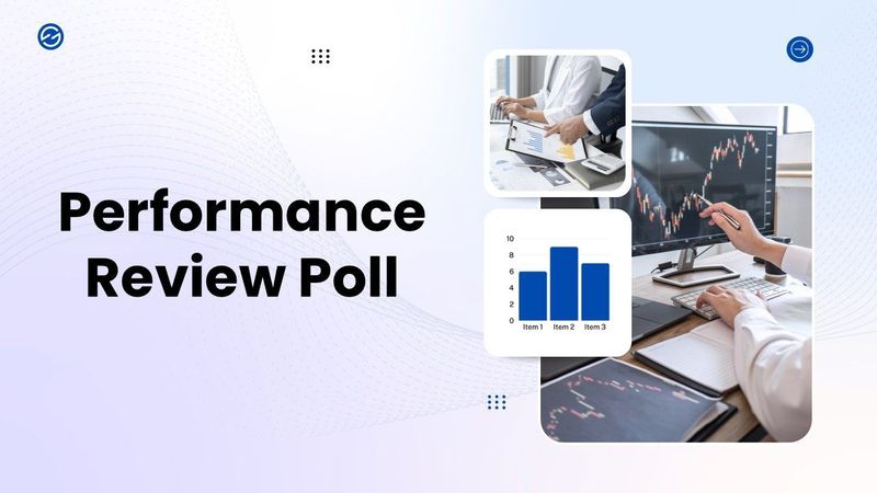 Performance Review Poll with business photos, charts, bold text, and soft lavender accents.