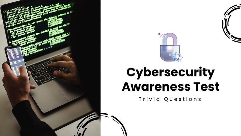 Cybersecurity Awareness Test with coding, phone, lock icon, bold text, and circular accents.